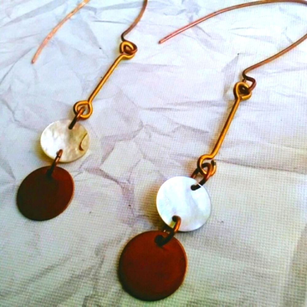 Raw Copper Disc Earrings, Long Shell Earrings